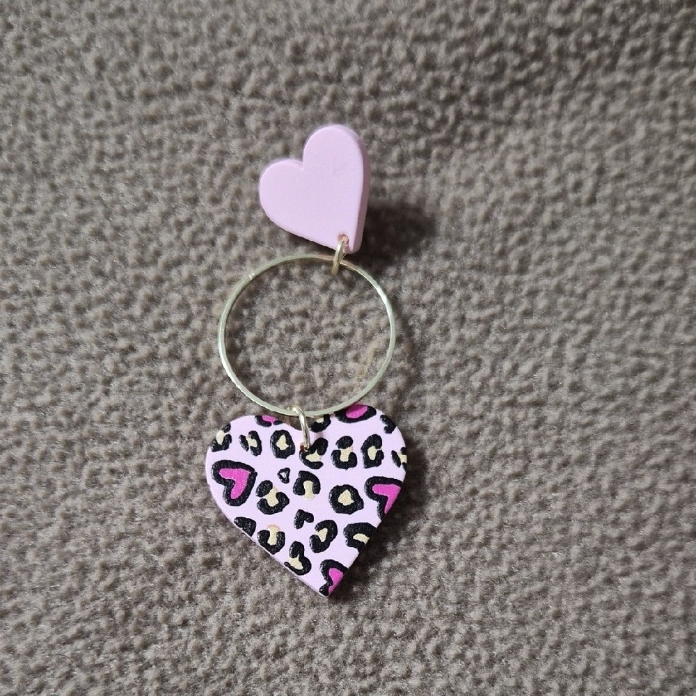 Pink Leopard Heart Earrings With Gold Dangle Hoop - Picture 3 of 5